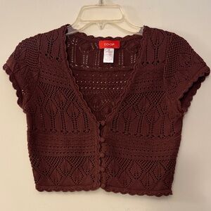 CO-OP Maroon Crochet Knit Cropped Button‎ Down V-neck Cardigan, size small